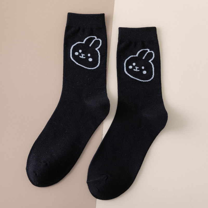 Spring And Summer Cotton Socks Female Ins In Tube Socks Tide Cute Black And White Rabbit Cartoon Socks